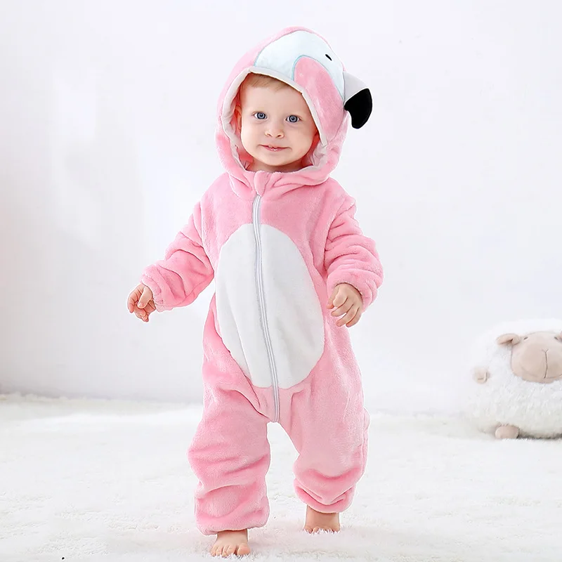 Pink flamingo Зимние детские комбинезоны; Одежда для мальчиков и девочек с пандой; комбинезон для новорожденных; зимняя Пижама с капюшоном и животными; Детский комбинезон; костюм для малышей - Цвет: Pink flamingo