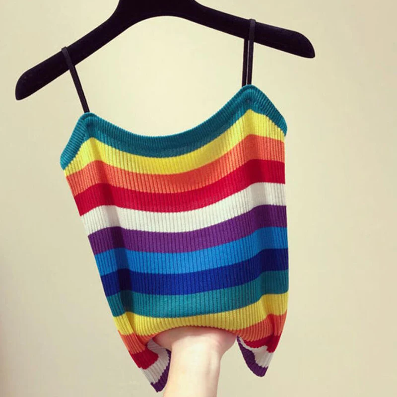 

Lady Sweet Rainbow Stripe Strap Crop Tops Vest For Women Basic Sleeveless Tanks Tops Cami Top Ruched Mujer New Streetwear