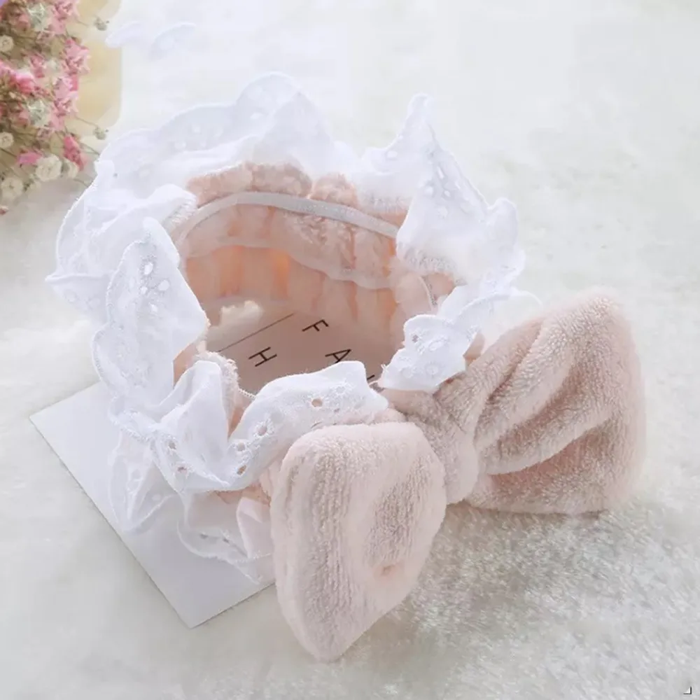 Pink Lace Повязка на голову из кораллового флиса с бантом для макияжа для женщин, женская маска для мытья лица, косметическая повязка на голову, эластичные мягкие аксессуары для волос в виде тюрбана - Цвет: Pink Lace