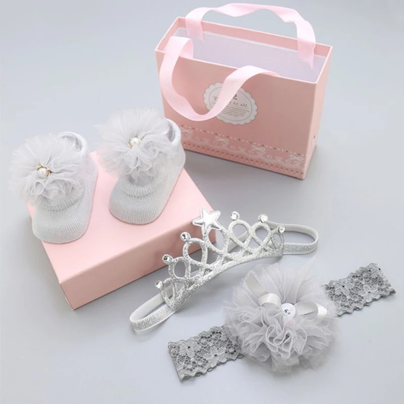 Детские носки и повязка на голову милый комплект кружевные с лентой для волос