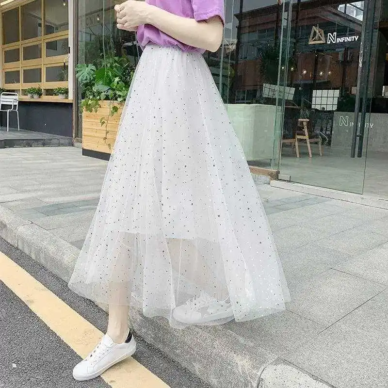 

Half-Length Skirt Star High Waist Mesh Skirt Pure Color Elegant Temperament Spring Summer 2021 New Versatile Ankle Skirt