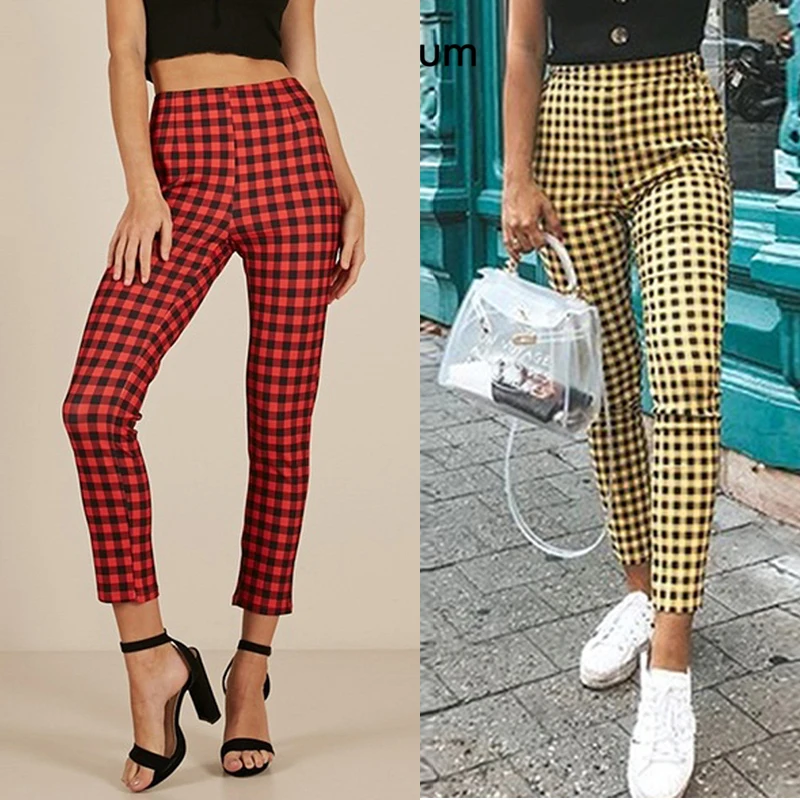 Женские узкие брюки-карандаш желтые клетчатые брюки с высокой талией