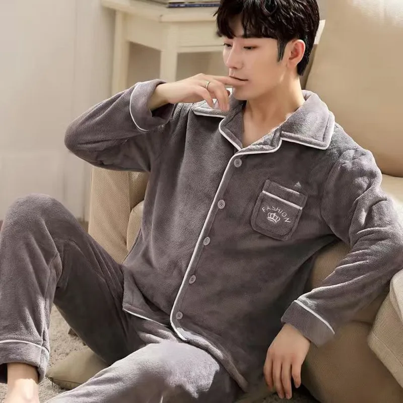 Winter Pajamas Set Casual PJS For Man Cartoon Warm Long Homewear Men's Flannel Thick Pajama Fashion Clothes Big Size 2PCS/SET