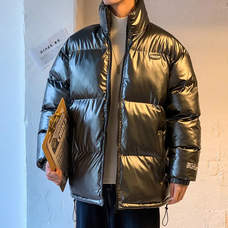 Winter New bright leather PU waterproof down padded jacket men's men and women with thickening clothing 2021 | Мужская одежда