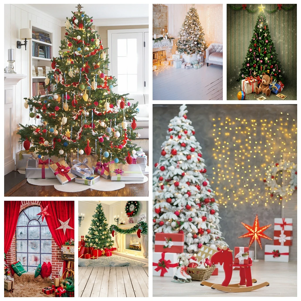 

Photo Background For Photography Rural Christmas Tree Bulb Light Party Fireplace Gift White Floor Child Photo Backdrop Photocall