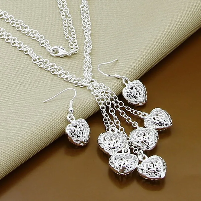 

Jewelry Set 925 Silver Hollow Heart Shape Pendant Necklace Earring Set For Women Wedding Accessories Jewelry