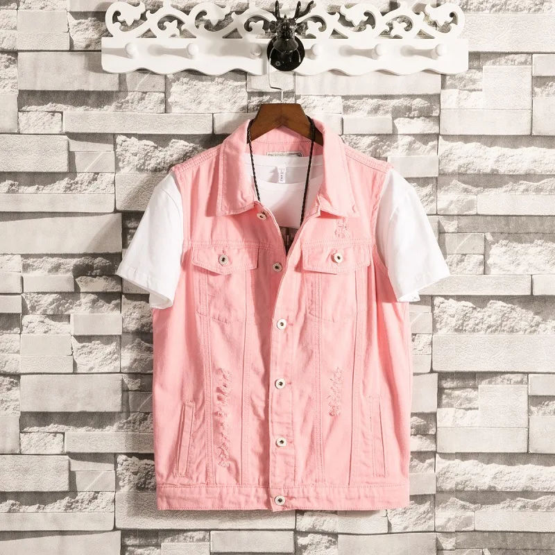 

HOHO 2020 Men's new Slim teen white denim vest denim vest lapel hole