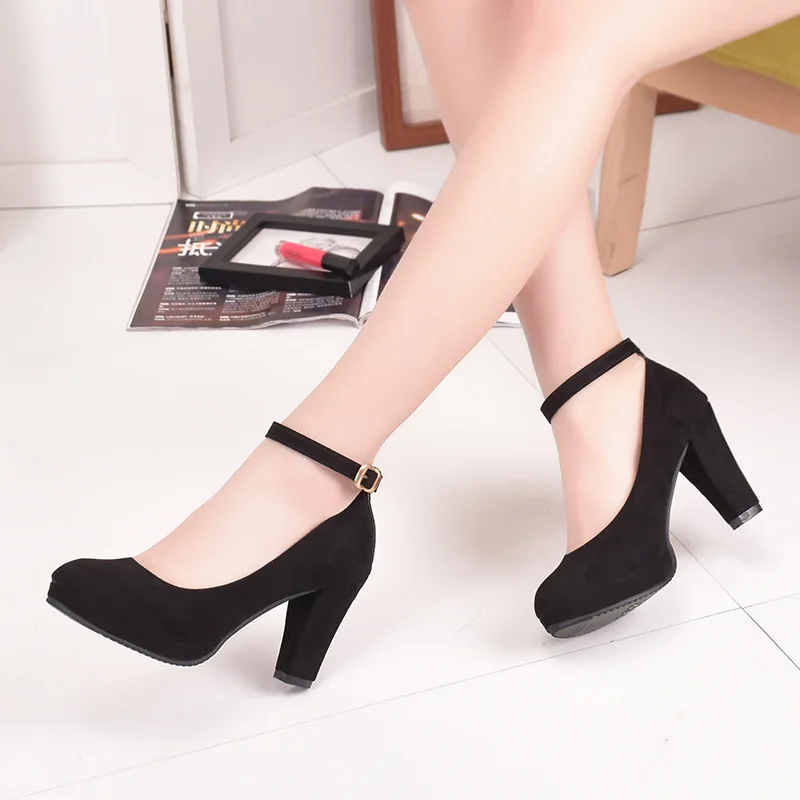 Женские туфли с круглым носком на толстом каблуке ремешком щиколотке большие