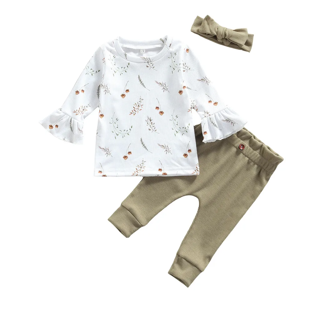 

Infant Newborn Baby Girls 3Pcs Clothes Set Flare Long Sleeve Tops Floral Shirt Pants Headband Spring Autumn Ribbed Outfits