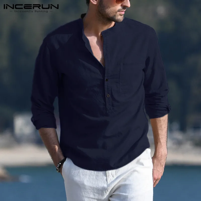 incerun mens casual shirt cotton solid color long sleeve blouse chic stand collar fashion handsome tops 2021 streetwear camisas free global shipping