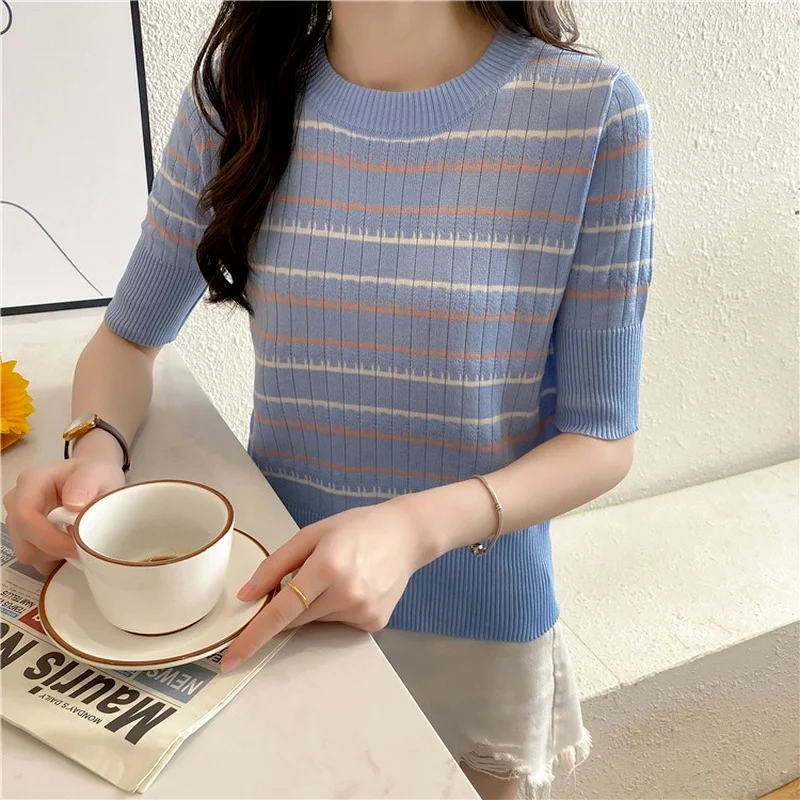 

2021 Summer Women Slim Striped Knitted Top Half Sleeve Women Causal O-neck Knitted Pullover Fashion Sweater T-shirt