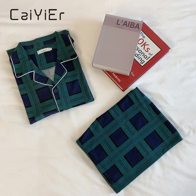 CAIYIER Summer with Short Sleeves Men's Pyjamas Suit Men Leisure Sleepwear Hort Sleeve Long Pants Blue Plaid Pijama 3XL Homewear