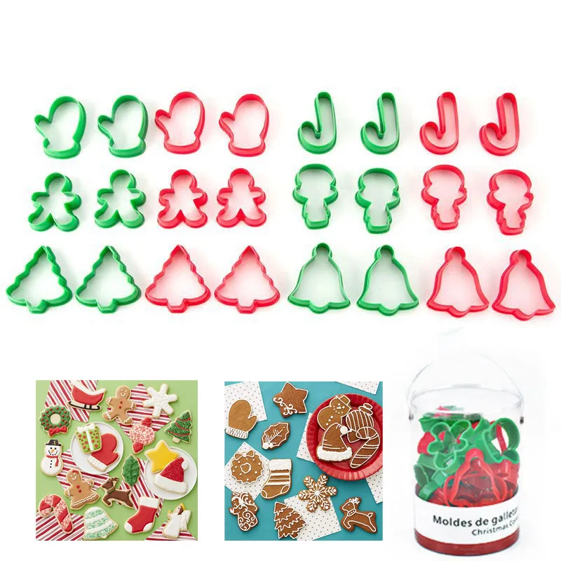 

24pcs Christmas Theme Plastic Cartoon Cookie Cutter Set Fruit Cake Molds Baking Tools Fondant Sandwich Cutters for Xmas Party