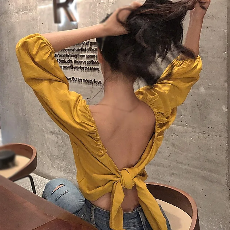 

Summer Women Sweet Sexy O-Neck Back Bow Backless T-Shirt Exposed Navel Solid Color Seven Point Puff Sleeve Tops
