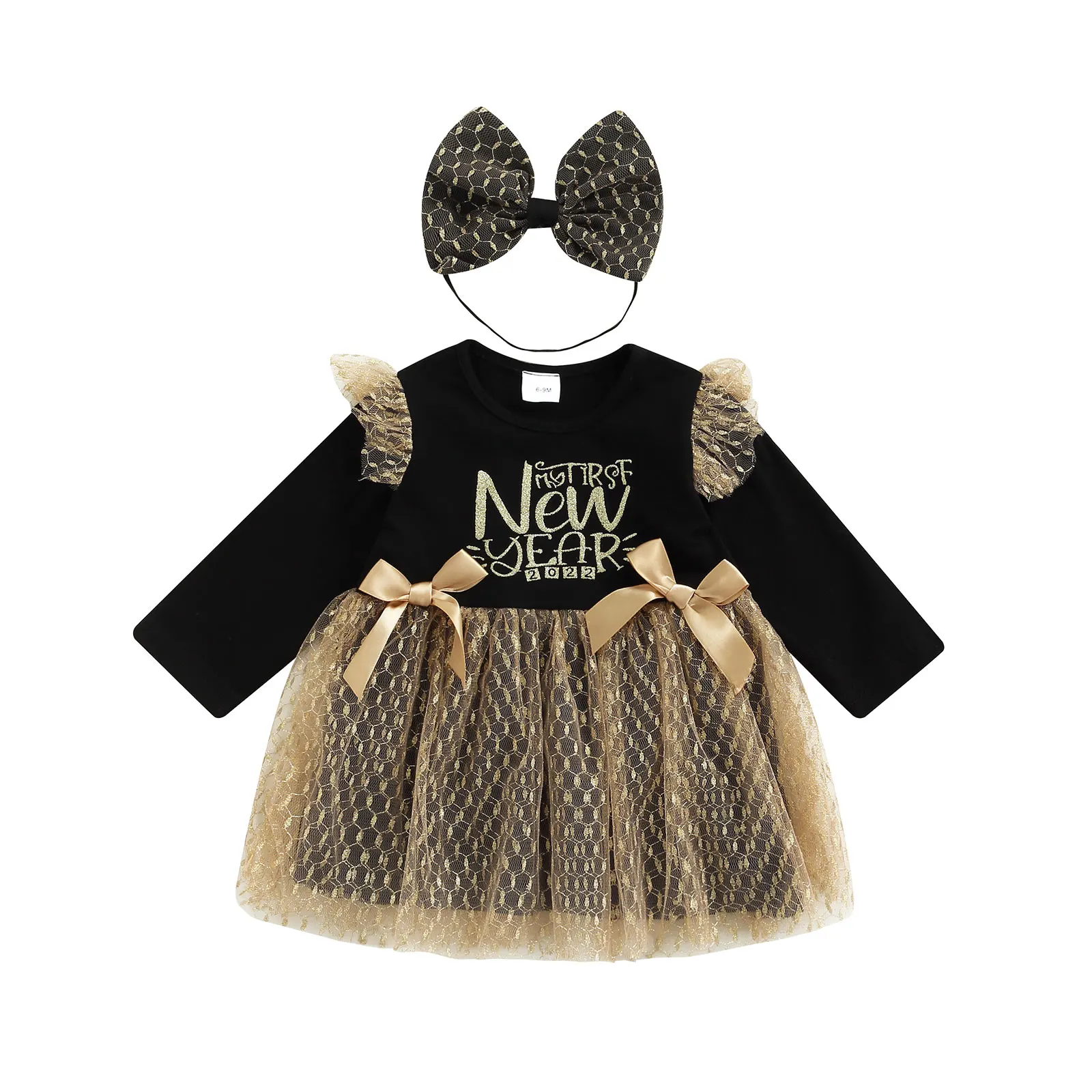 

Toddler Baby Girls Autumn Dress Long Sleeve Round Neck My 1st New Year Print Tulle Patchwork Princess Dress with Bow Headband