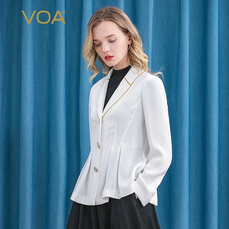 

VOA Silk 30m/m Heavy White Coat Fashion Commuting Filler Rolloff Single Row Three Buttons Long Sleeve Jackets for Women WE6
