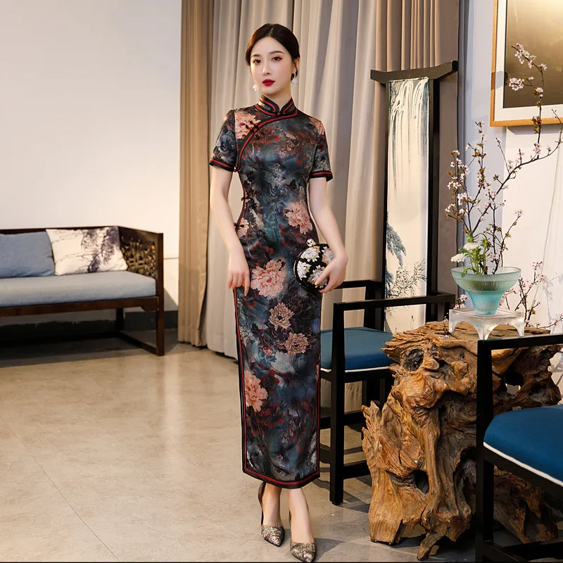 

Женское облегающее платье-Ципао с цветочным принтом, Элегантное Длинное китайское платье с разрезом, винтажное Деловое платье, повседневна...