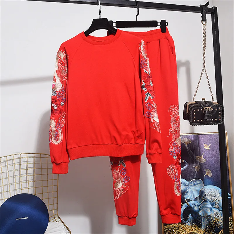 Женский спортивный костюм с цветочной вышивкой Свободный пуловер длинным