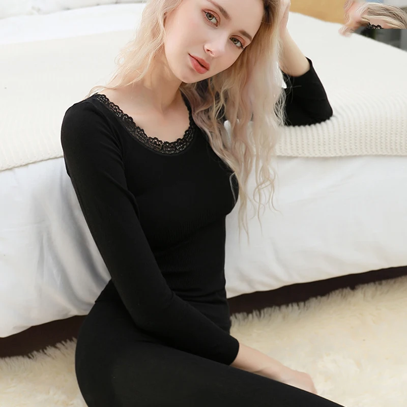 

Thermal Underwear Sets Women Sexy Lace Long Sleeve Round Neck Warm Tops Mid Waist Trousers Leggings Thermal Underwear Bottoms