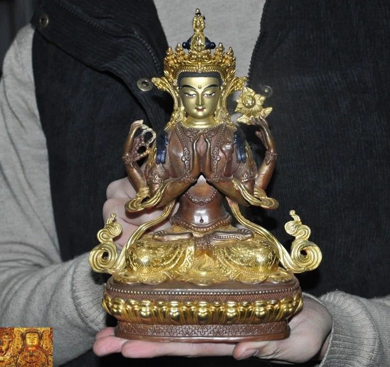 

wedding decoration Tibet Buddhism Bronze 24k gold Gilt 4 Arms Chenrezig Kwan-yin Tara Buddha statue New Year