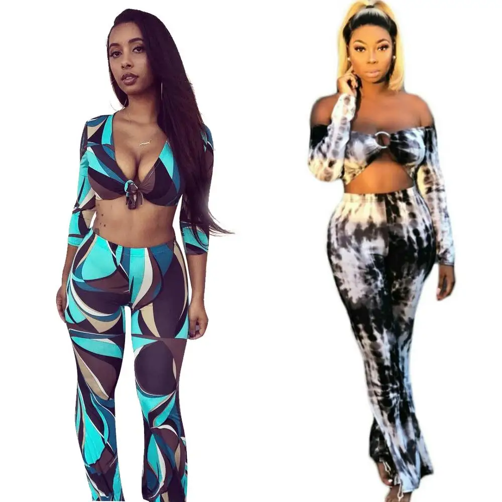 

Colorful Tie Dye Print Two Piece Set High Street Fashion Sexy Lady Short Tees Tops And Slim Fitting Long Pants Femme Tracksuit