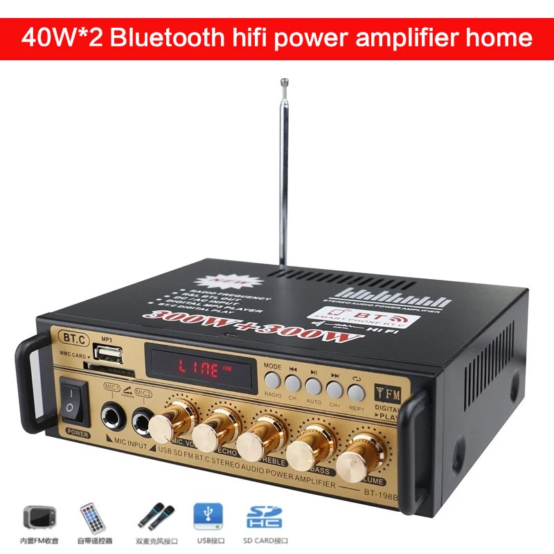 Бытовой усилитель высокой мощности 40 Вт * 2, 220 В, мини компактный Bluetooth Hi-Fi усилитель без потерь, 12 В карта, USB радиоусилитель, 4-16 Ом