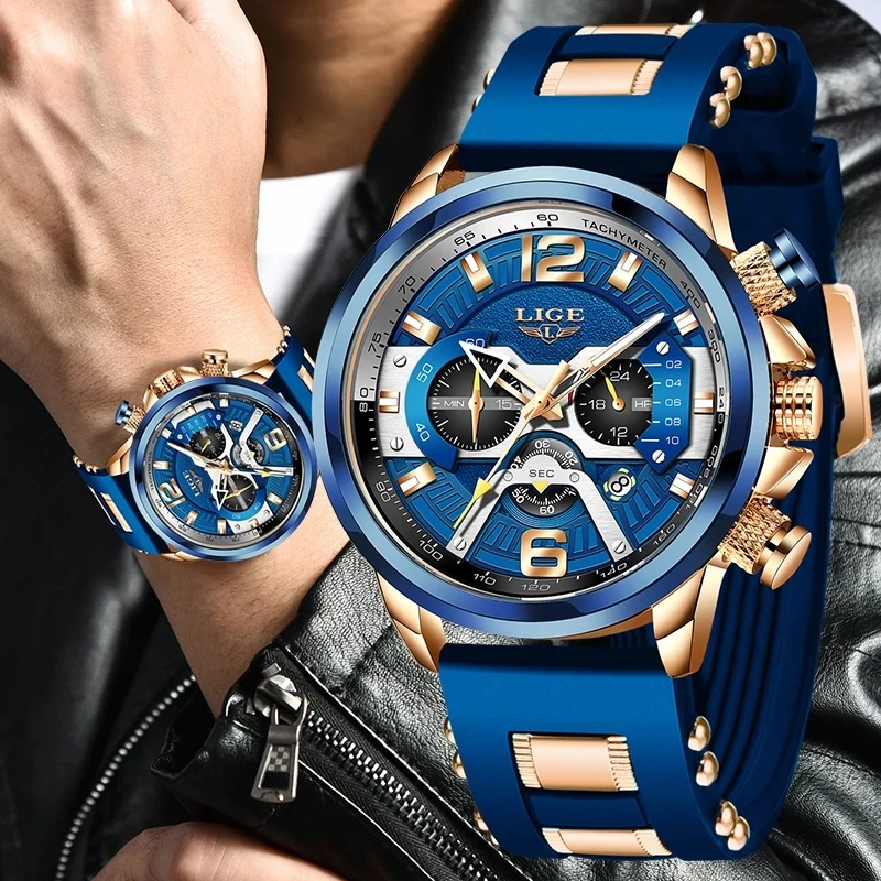2021 LIGE New Fashion Mens Watches Top Brand Luxury Silicone Sport Watch Men Quartz Date Clock Waterproof Wristwatch Chronograph