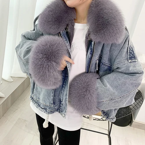 blue coat gray fur Зимняя женская парка с воротником из натурального Лисьего меха, джинсовая куртка с подкладкой из кроличьего меха, большие размеры, короткое пальто, винтажная корейская мода - Цвет: blue coat gray fur