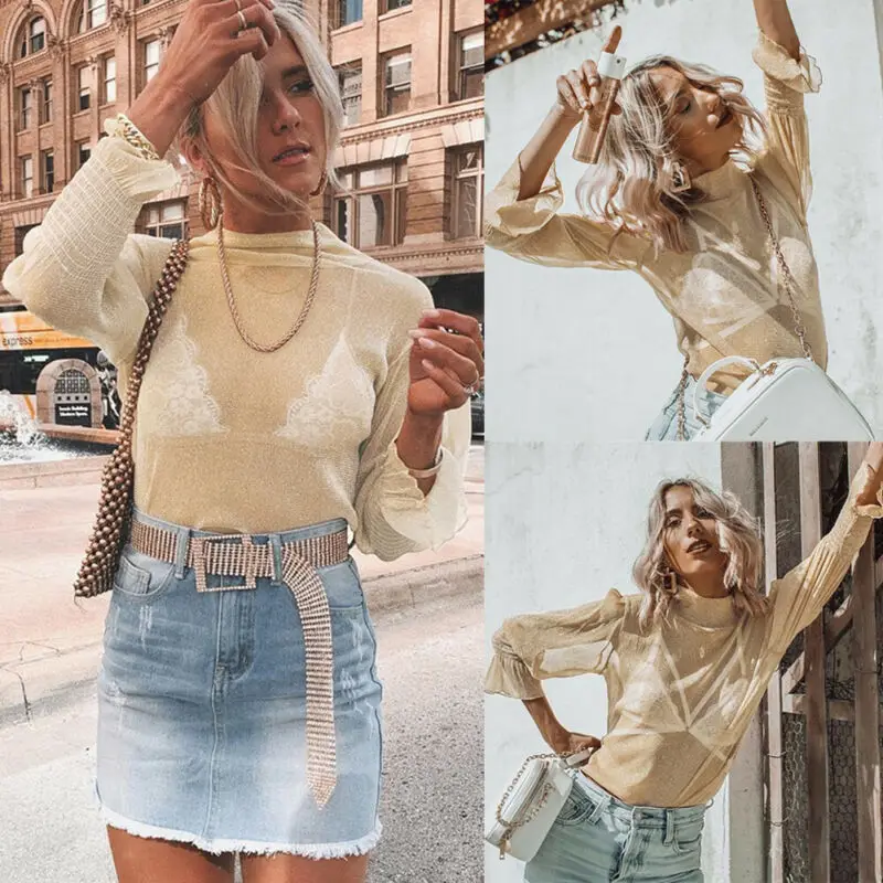 Модная женская прозрачная Сетчатая футболка с длинными рукавами и круглым