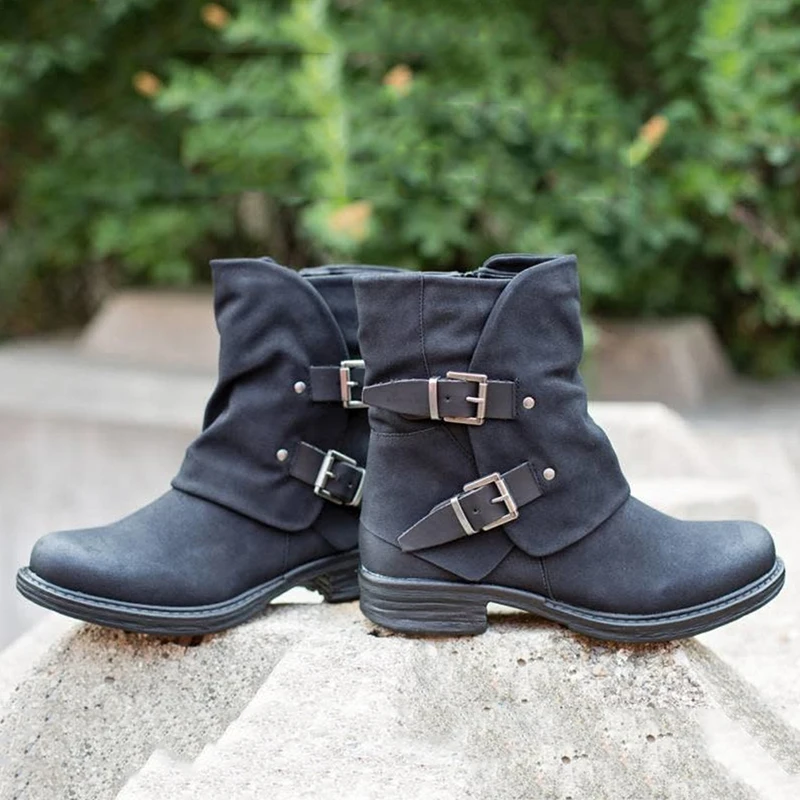 

Women Ankle Boots Low Heel Buckle Zipper Short Boots Autumn PU Leather Round Toe Ladies Booties Casual Flat Shoes