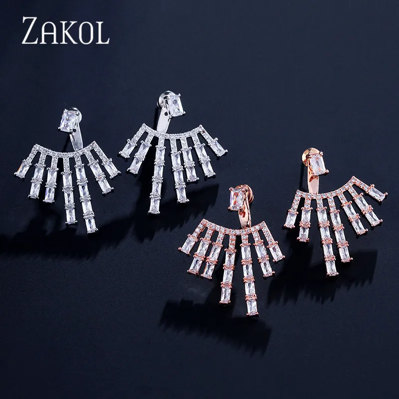 ZAKOL сверкающий фианит багет серьги для женщин белого золота Цвет Свадебная