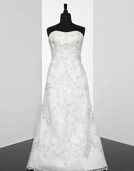 

modified strapless A-line open back corset Embroidered real photo lace sash intricately beaded medallion Bespoke Wedding Dresses