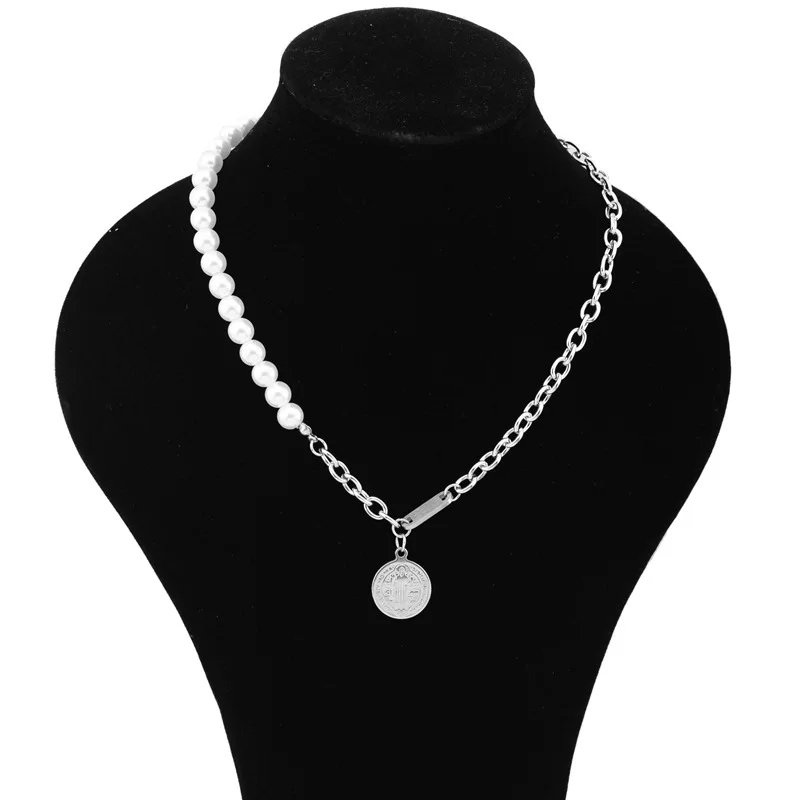 

High Quality Titanium Steel Asymmetry Pearl Chain Necklace Women Imitation Pearls Chain Splicing Necklace Never Fade Jewelry