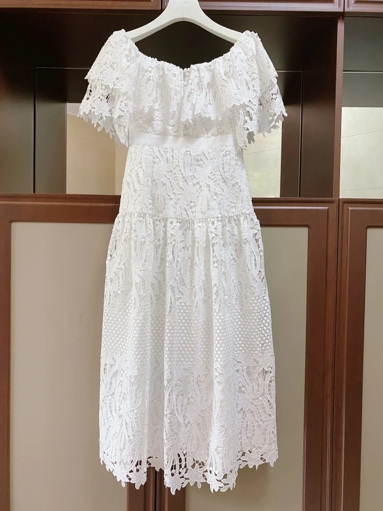 Runway Summer Sexy Hollow Out Women Midi Dress White Flower Embroidery Lace Vestidos Evening Party Slash Neck Ruffle Robe