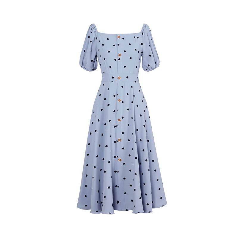 Женское облегающее платье трапеция Элегантное синее в горошек с квадратным
