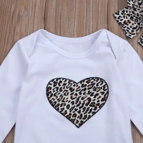 

Newborn Baby Girl Leopard Tops Rompe Long Pants Headband Outfits Set Clothes