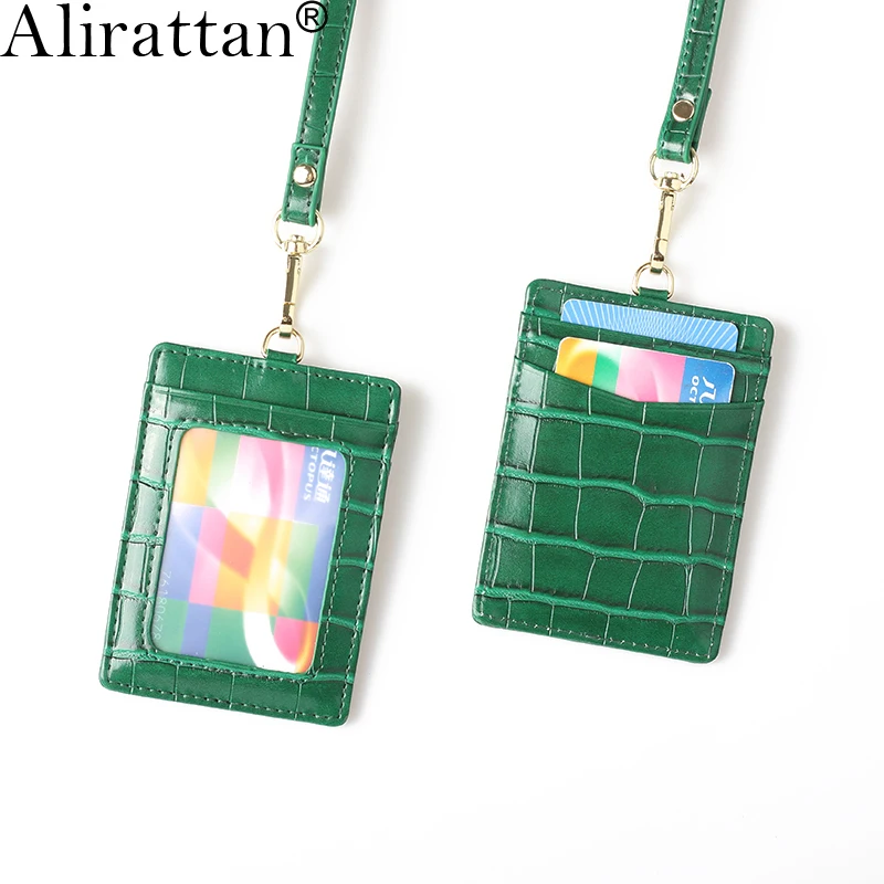 

Alirattan New Crocodile Leather Lanyard ID Card Holder High Quality Ostrich Snake Leather Card Holder Printed Letters For Name