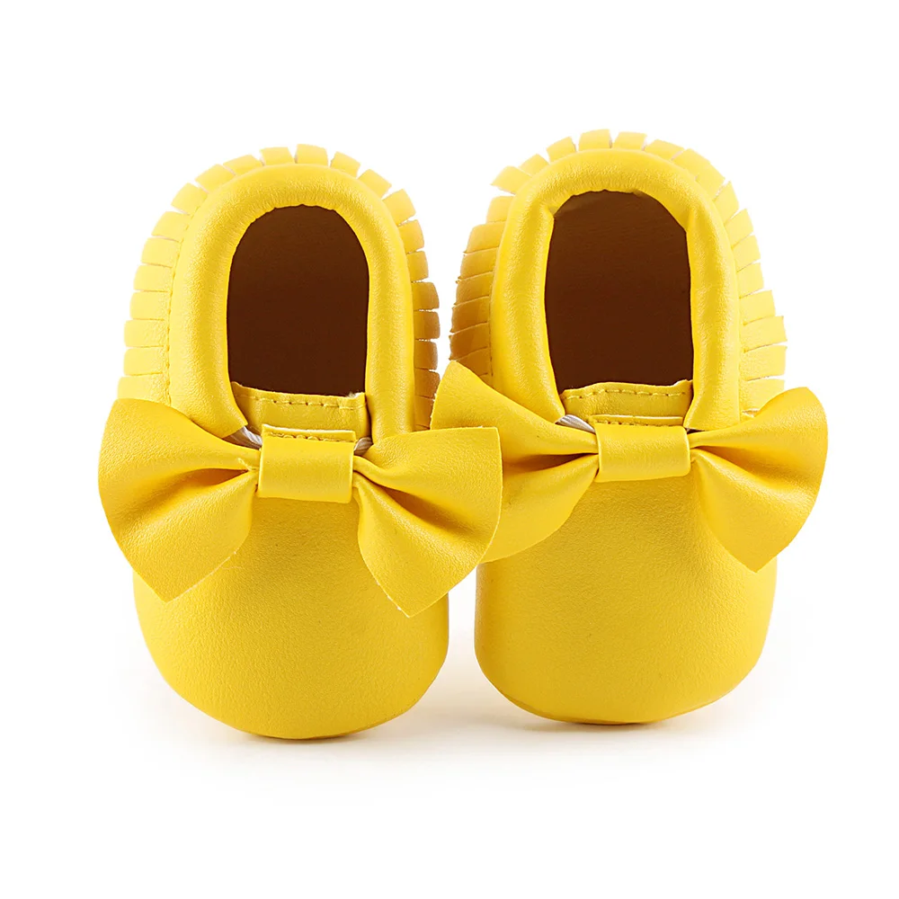 dark yellow Детская обувь для новорожденного мальчика Девочки Первые ходунки ПУ подошва принцесса Бант бахрома малыша Детская кроватка обувь повседневные Мокасины - Цвет: dark yellow