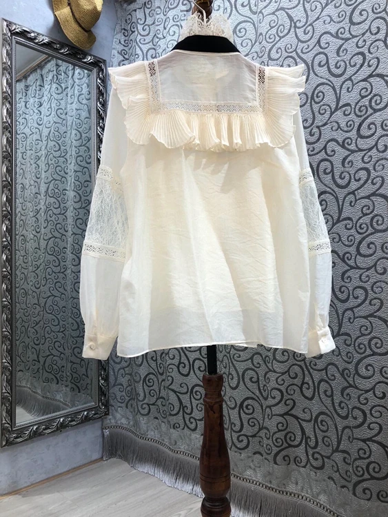 

2021 spring and summer new women's neckline color matching lace ruffle stitching perspective long-sleeved top 312