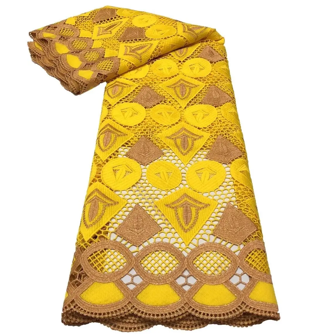 

Double Color Nigerian African Lace Guipure Fabric Yellow Mixed Gold Cloth For Sewing