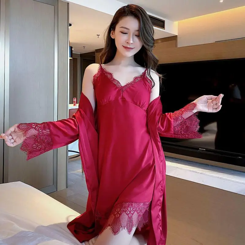 

Sexy Female Burgundy Wedding Robe Set Summer 2PCS Sleepwear Kimono Bathrobe Gown Full Slip Lace Nightgown Home Dressing Gown