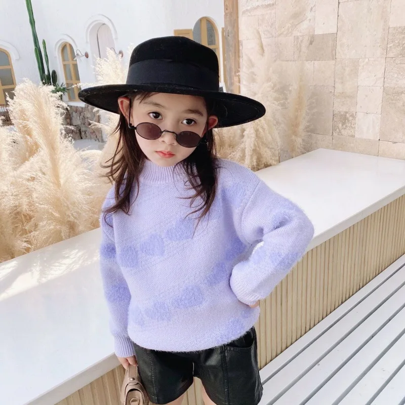 

Knitting Spring Winter Turtleneck Pullover Sweater Girls Kids Children's Warm Mink Down Printing Plus Velvet Solid Color