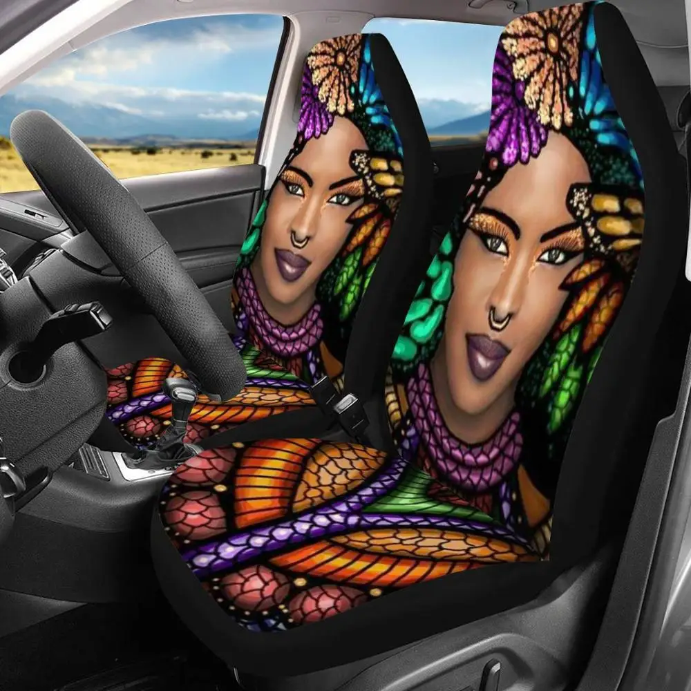 

HUGSIDEA 2 Piece Auto Seat Covers Black African Afro Girls Print Durable Universal Size Comfort Vehicle Seat Protector Cushion