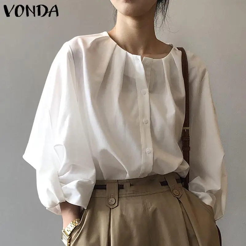 

Autumn Blouse VONDA Women Casual Crew Neck Pleated Puff Sleeve Button Up Pleated Solid Blouse Bohemian Party Blusas Femininas