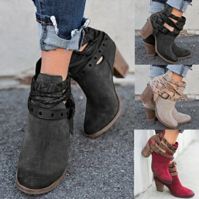 

2021 Winter Women Boots Fashion Casual Ladies Shoes Martin Boots Suede Leather Buckle Shoes High Heeled Zipper Snow Boot