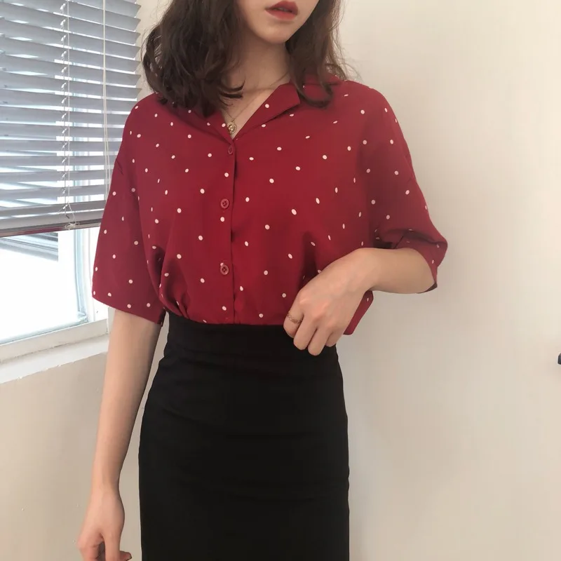 Женская Повседневная шифоновая блузка в горошек летняя Свободная рубашка с