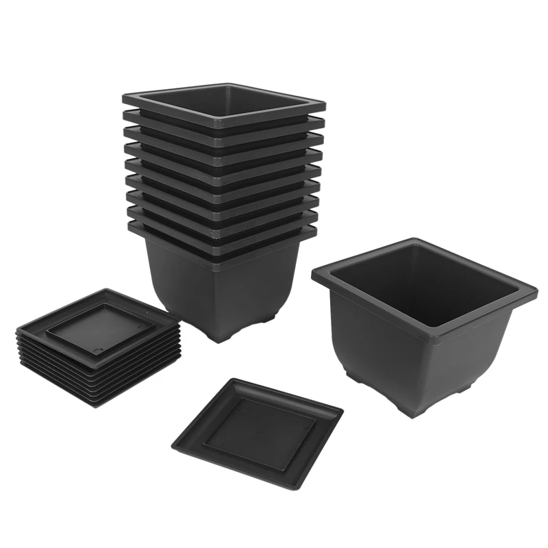 

10 PCS 5.1 Inch Plant Pot Square Plastic Bonsai Training Pots With Pallets Trays Succulent Pots Container For Garden