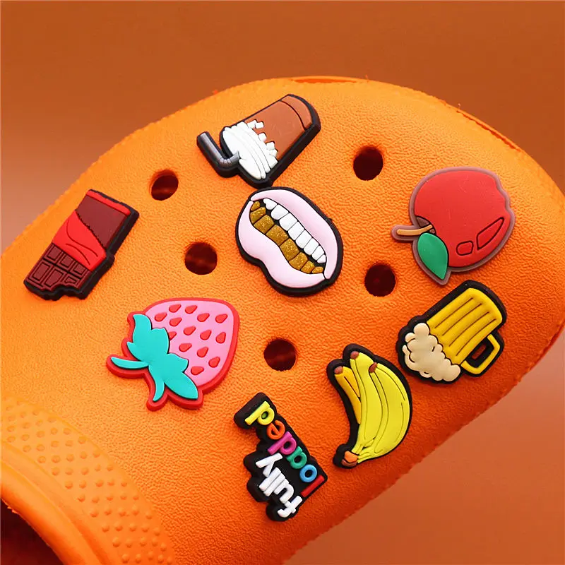 Cute Food Style Shoe Charms Accessories Coffee Chocolate Beer Banana Apple Shoes Buckle Decorations Fit Kids X-mas Party Gifts