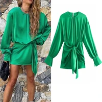 traf za green satin dress women mini knot wrap dress 2021 long puff sleeve elegant dresses woman fashion ruched short dresses