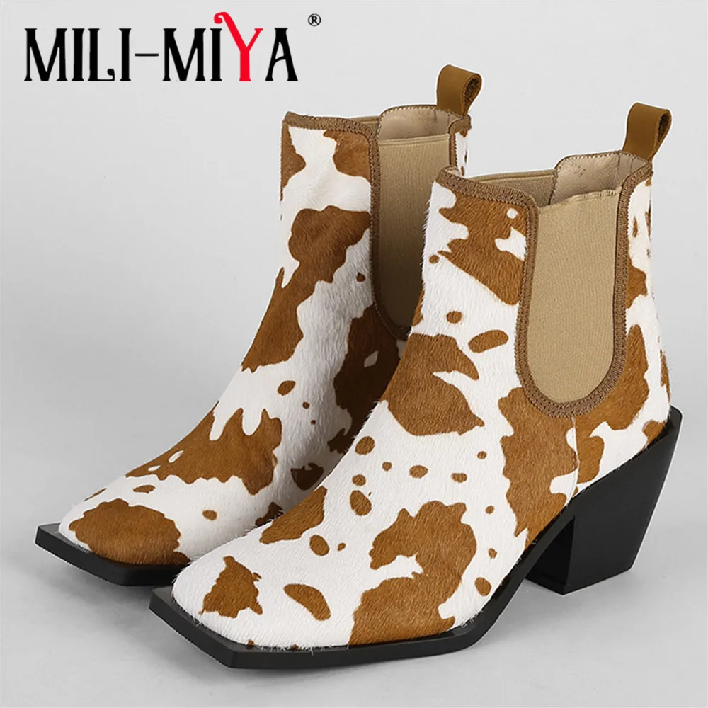 

MILI-MIYA Vintage Horse Hair Chelsea Ankle Boots Women Brand Fashion Autumn Winter Square Toe Thick Heels Slip-On Dress Shoes